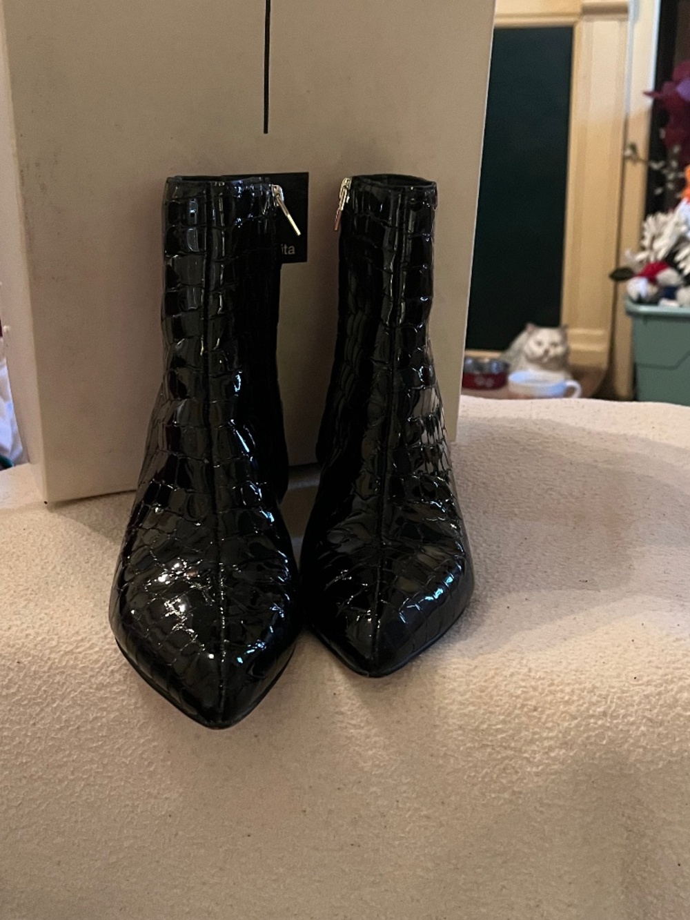 Black faux patent leather boots